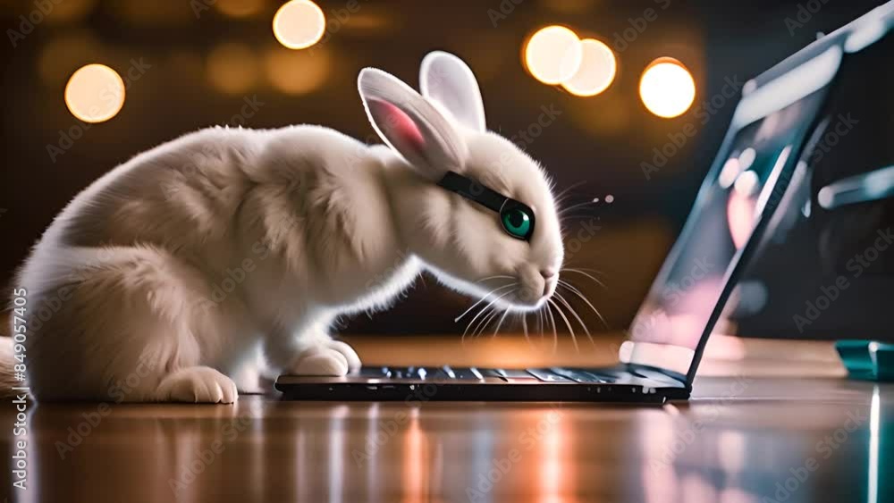 White Rabbit Uses Laptop at Night Generative AI Stock Video | Adobe Stock
