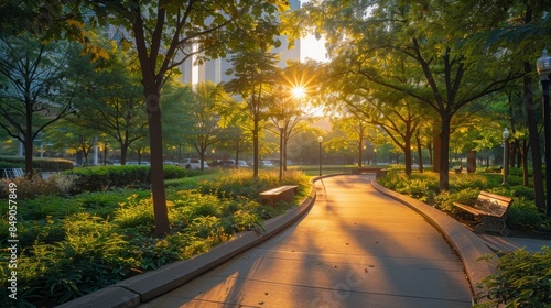 Beautiful park pathway in the morning light photo