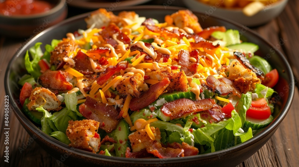 Salad with pieces chicken bacon cheese tomatoes lettuce on bowl with side sauce fries, food delicious meal Salad with pieces chicken bacon cheese tomatoes lettuce on bowl with side sauce fries, food delicious meal