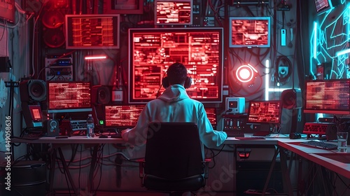 Hacker Working in a Secret High Tech Underground Lair with Glowing Monitors and Equipment