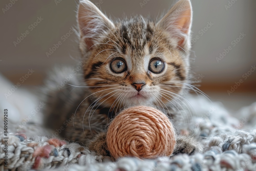 Baby Kitten: A tiny kitten with big eyes, playing with a ball of yarn indoors. Baby Kitten: A tiny kitten with big eyes, playing with a ball of yarn indoors.