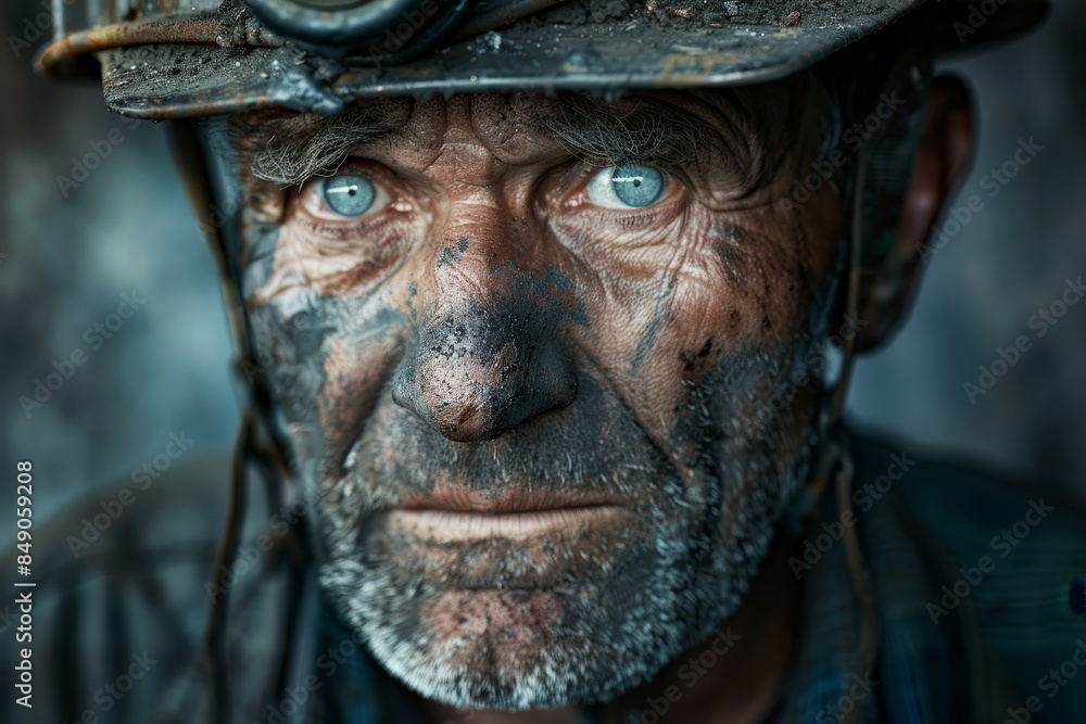 Fototapeta premium Intense Portrait of a Weathered Miner with a Hard Hat in a Dark Setting
