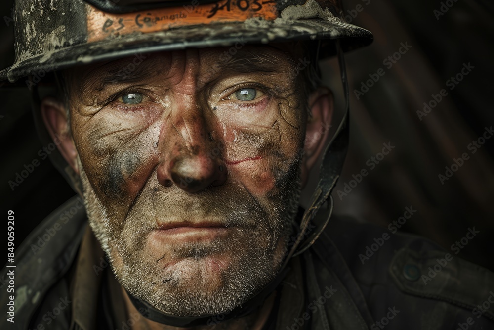 Intense Portrait of a Weathered Miner with a Hard Hat in a Dark Setting Intense Portrait of a Weathered Miner with a Hard Hat in a Dark Setting