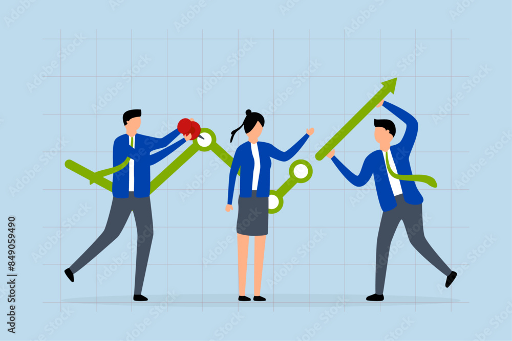 Business development process, businessman help to develop a business growth chart with upward arrow. Business development process, businessman help to develop a business growth chart with upward arrow.