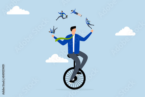 People management or HR, businessman manager riding Unicycle balance, juggling team members diversify people.
