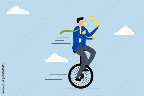 Creativity and ideas, shrewd businessman riding unicycle juggling light bulb lamp metaphor many ideas.