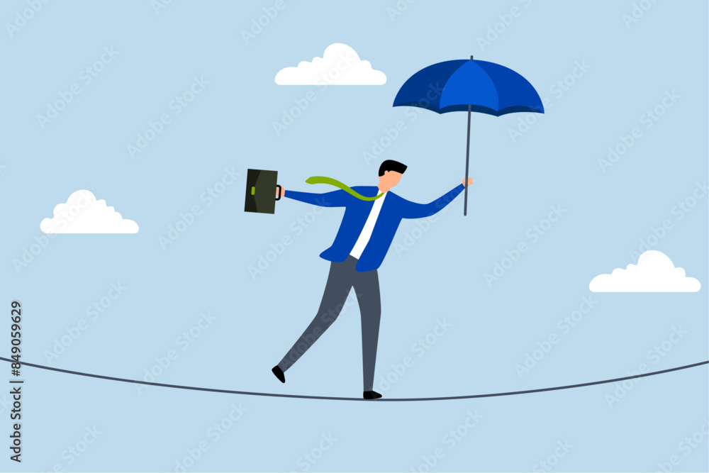 Business risk protection, brave businessman balanced walk on high rope. Business risk protection, brave businessman balanced walk on high rope.