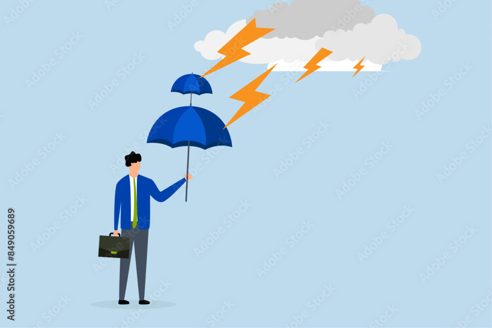 Extra protection for thunderstorm ahead, businessman holds a double layer umbrella to protect against the storm. Extra protection for thunderstorm ahead, businessman holds a double layer umbrella to protect against the storm.