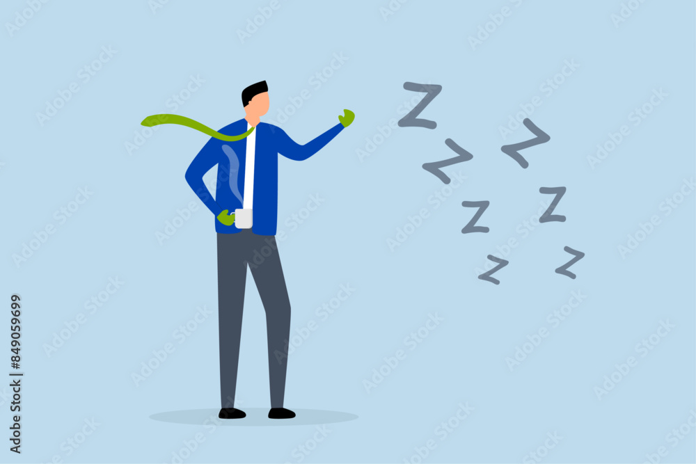 Procrastination and laziness, awake businessman drinking coffee and wearing boxing gloves to fight lazy sleepy symbol. Procrastination and laziness, awake businessman drinking coffee and wearing boxing gloves to fight lazy sleepy symbol.