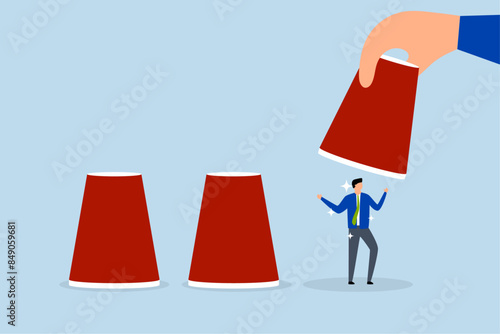 Human resources choosing candidate, the employer's hand raises  designated cup to select businessman candidate from among cups in the guessing game.