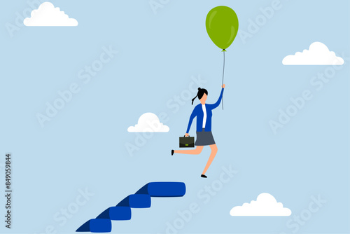 Woman leadership to overcome struggle, successful business woman flying  balloon from the top of a staircase.