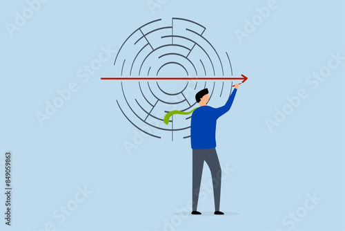 Solving business problem, businessmansolves maze puzzle with straight arrow.