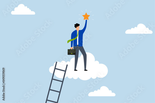 Business champion succeed to get reward, businessman climbs ladder to cloud to reach and grab a precious star.