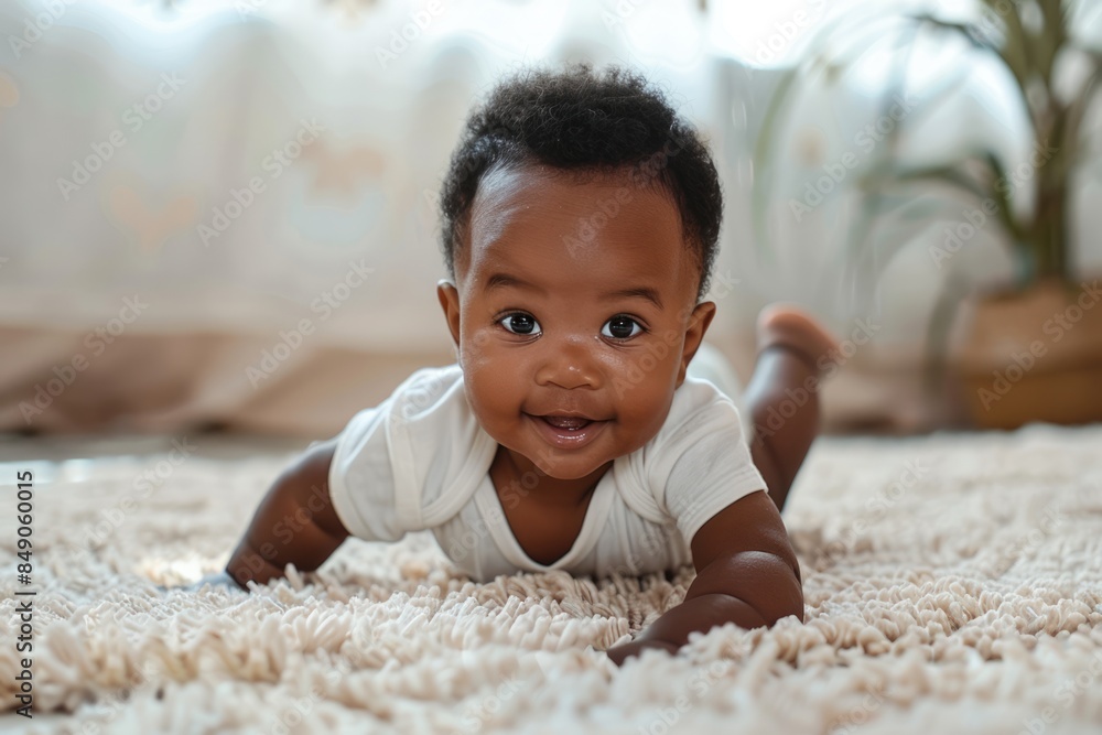 An adorable black-skinned baby, filled with curiosity, explores its surroundings while trying to crawl laying on tummy on a plush rug, reaching significant developmental milestones along the way. An adorable black-skinned baby, filled with curiosity, explores its surroundings while trying to crawl laying on tummy on a plush rug, reaching significant developmental milestones along the way.