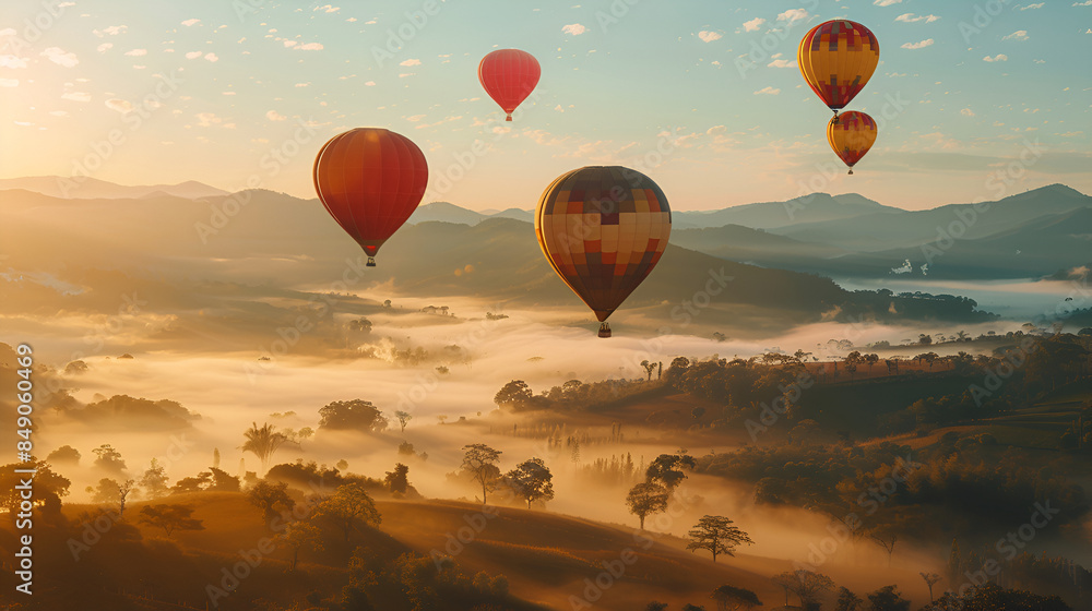 Naklejka premium Scenery and experience of a hot air balloon ride in Cappadocia offers a unique perspective of the surreal landscape below. Floating serenely above the rugged valleys and picturesque villages 