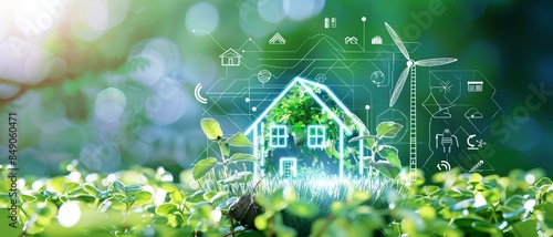 a smart home powered by renewables energy solar, wind with LEDs, tracking energy usage and environmental impact, promoting a sustainable. future of energy management systems.
