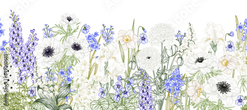 Seamless horizontal pattern garden of white and blue flowers.  Daffodils, lilies of the valley, irises, anemones, scilla, violet, brunnera, delphinium, campanula, double poppy