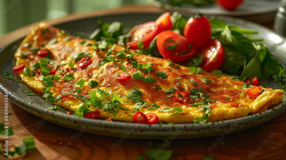 Close view of a spicy folded omelette adorned with herbs and sliced tomatoes on a plate Close view of a spicy folded omelette adorned with herbs and sliced tomatoes on a plate