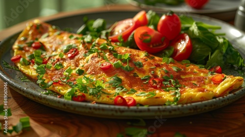 Close view of a spicy folded omelette adorned with herbs and sliced tomatoes on a plate