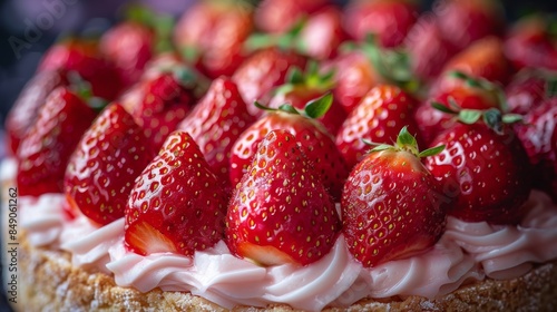 Fresh strawberries with droplets of water on a fruit cream cake, highlighting freshness and texture photo