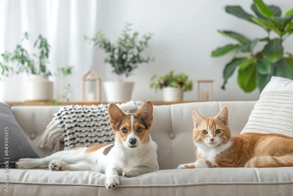 A dog and a cat sit on a couch in a living room with plants. They are looking at the camera.