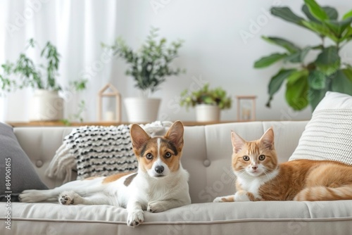 Obraz na płótnie A dog and a cat sit on a couch in a living room with plants. They are looking at the camera. w salonie