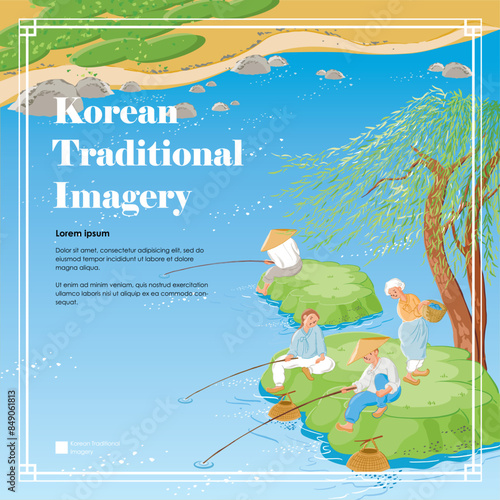 더운 여름날 시원한 강가 버드나무 아래에 앉아서 낚시를 즐기는 사람들을 그린 템플릿 벡터 일러스트레이션, 한국의 옛모습	