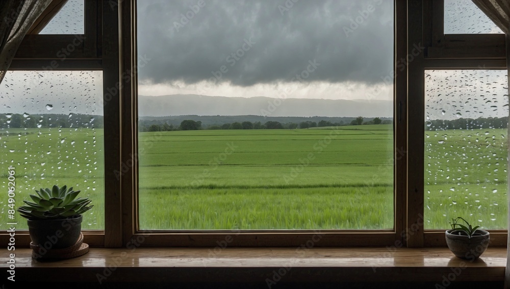 Fototapeta premium A window view of a lush green field with raindrops on the glass, under a cloudy sky, evoking a sense of tranquility and nature.