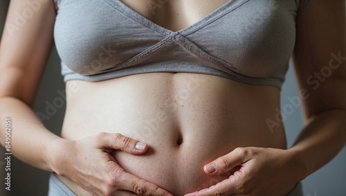 Close-up of a pregnant woman's belly, cradled by her hands, wearing a comfortable gray top, emphasizing warmth and motherhood.