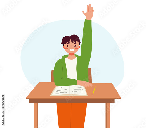 Children School. Schoolboy Character Stretches Her Hand In Class It To Answer A Question. Student in School Classroom. Back to School Vector Illustration.