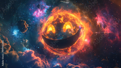 Radiant smiling emoji with cosmic backdrop
