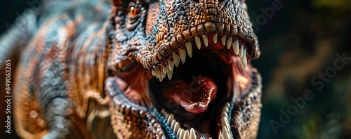 Tyrannosaurus rex with an open mouth showing large teeth and tongue © ALEXSTUDIO