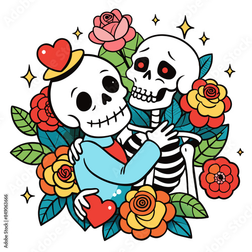 fantasy-inspired vector image of skeleton lovers holding each other, surrounded by red roses and blue butterflies