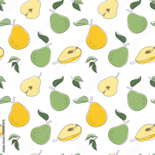 Juicy yellow and green pear fruits. Seamless pattern background. Hand drawn line vector illustration. Pattern for modern design of fabric, wallpaper, stationery, textile