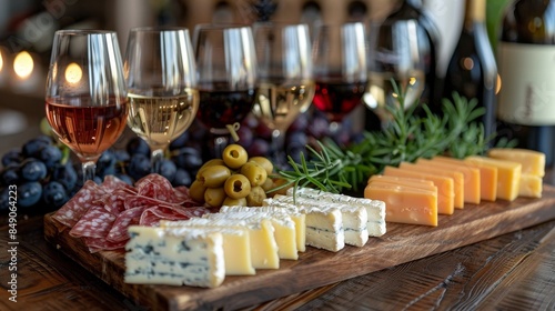 A selection of fine cheeses, olives, salami, and wine served on a rustic wooden board for a luxe dining experience