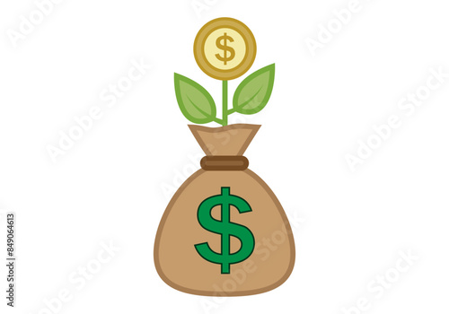 Saco de dinero de dólar de donde crece una planta de monedas de dólar