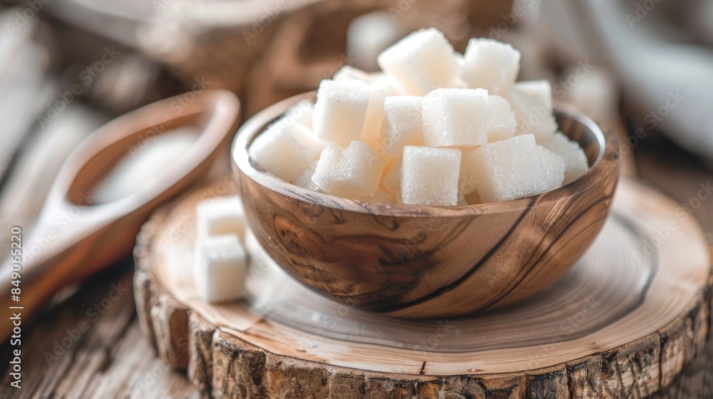 Close up of white sugar cubes in a bowl on a wooden board Close up of white sugar cubes in a bowl on a wooden board