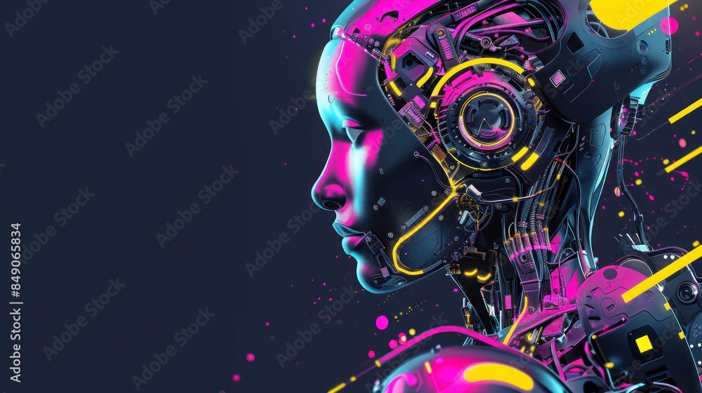 Robotic head side view with pink splashes Robotic head side view with pink splashes