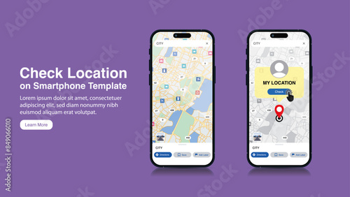 Smartphone Banner Template with Location Check, Mobile Navigation, and Trendy City Map Infographic,  Smart mobile phone with Map Screen and GPS Pinpoint Concept. Vector.