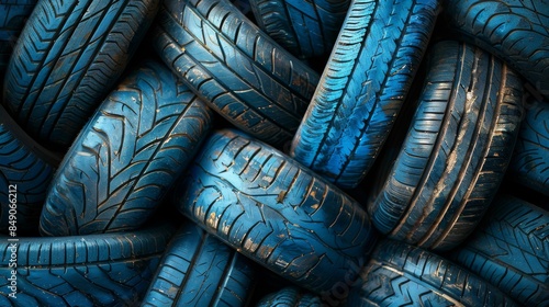 Pile of stacked tires with a distinct blue hue and textured tread patterns signifying durability and grip