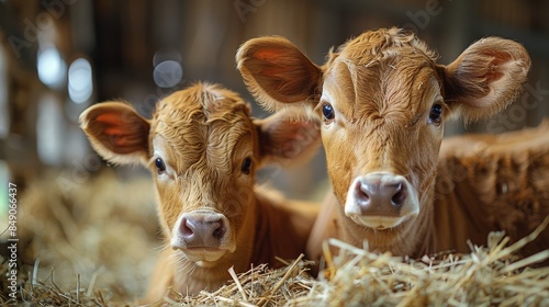 Close-up of two juvenile calves with tender expressions, resting on hay inside a barn