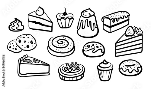 Desserts line sketches set. Black line vector hand drawn illustrations isolated on white background.