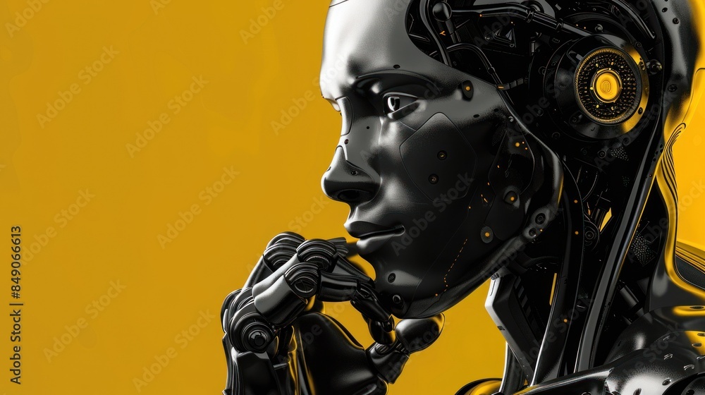 Robotic arm in front of yellow background Robotic arm in front of yellow background