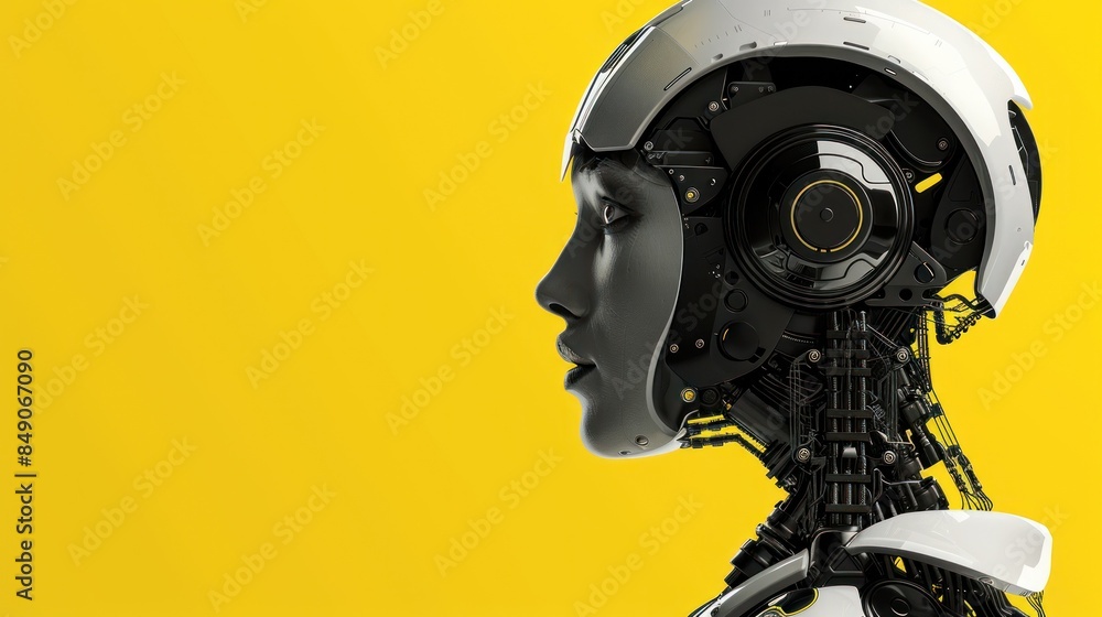 Robotic head on yellow background Robotic head on yellow background