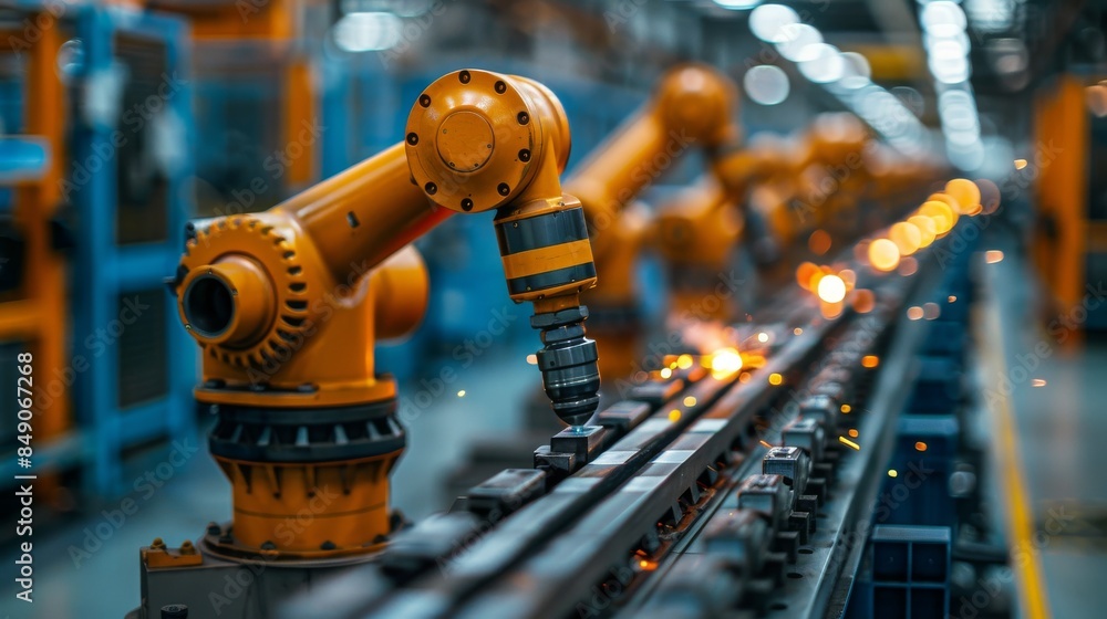 Industrious robotic arms engaged in precision work on an automated assembly line in a factory Industrious robotic arms engaged in precision work on an automated assembly line in a factory