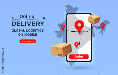 Online Delivery global logistics on mobile, delivery within the India. Vector illustration
