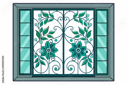 Steel Window with Floral Design,architecture, entrance, glass, wall, interior, wooden, doorway, illustration, room, design, open, front, vector, building, doors, old, closed, 