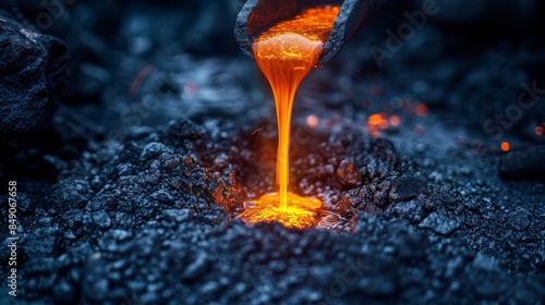 Intense flow of molten metal from a ladle into a crucible in a foundry, highlighting the smelting process photo