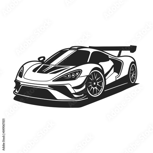 Outline drawing of fast super car, sport car from side and front view. Sport car vector black line illustration isolated white background.