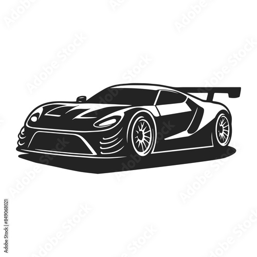 Outline drawing of fast super car, sport car from side and front view. Sport car vector black line illustration isolated white background.